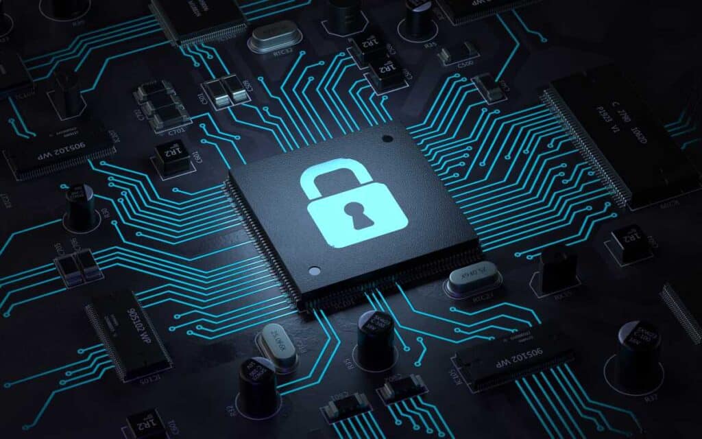 3D rendering of a security lock symbol on a circuit board