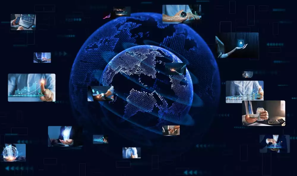 Graphic concept of global escrow services featuring a globe and data imagery.
